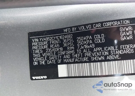 2012 Volvo Xc90 3.2/3.2 Platinum/3.2 Premier Plus z USA, uszkodzony, nr VIN YV4952CY1C1624682